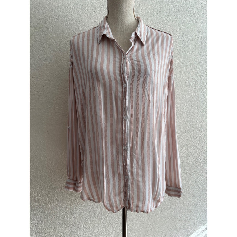 Milk & Honey Button Down Shirt Size M Pink White Striped Roll Tab Long Sleeve